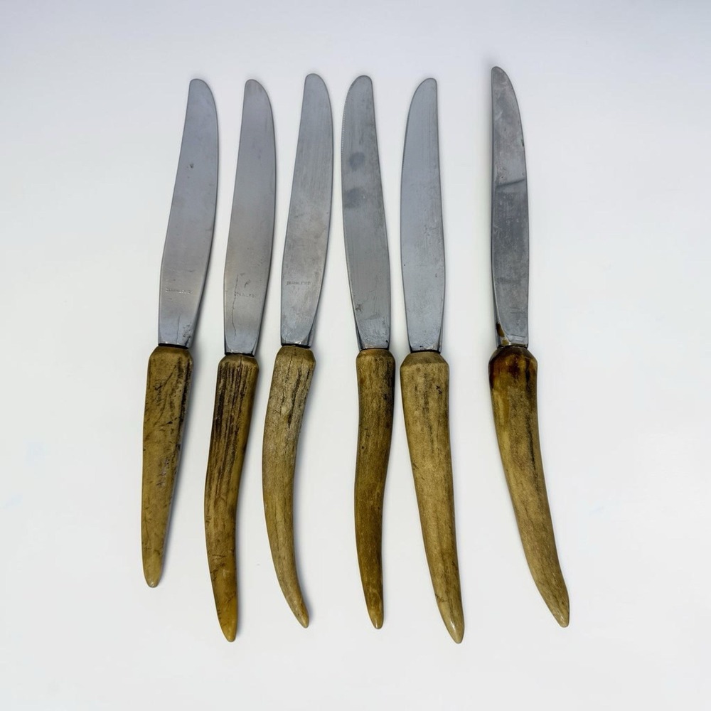 VTG Stainless Steel Dinner Knives Faux Antler Horn Handles Set of 6 Rustic